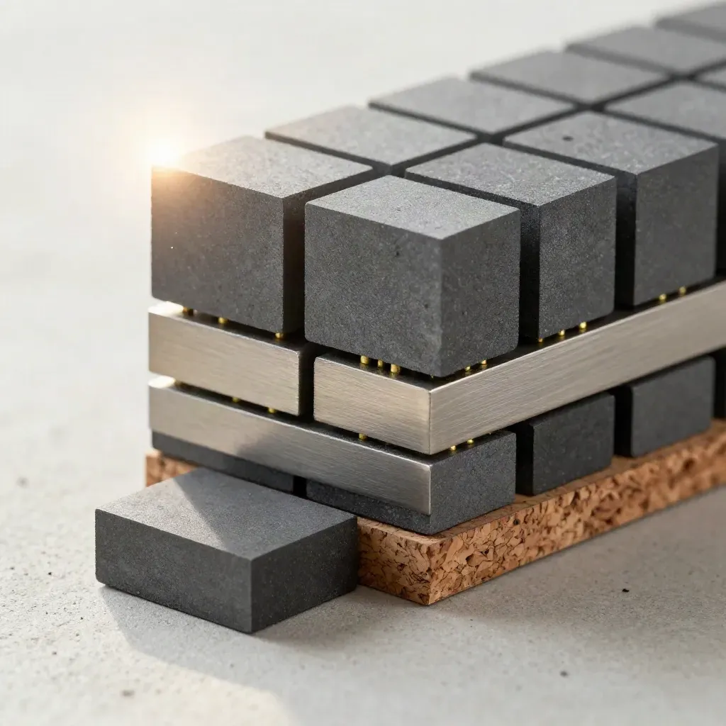 Stacked graphite blocks and brass pins on pale concrete, shot in macro with soft haze.