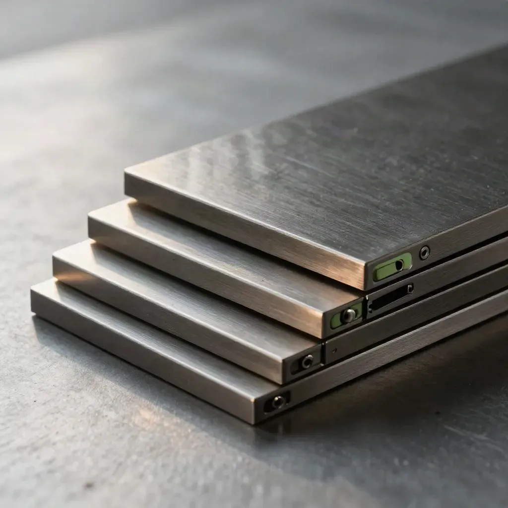 Machined metal plates and lock pin in a diagonal close-up on brushed graphite metal