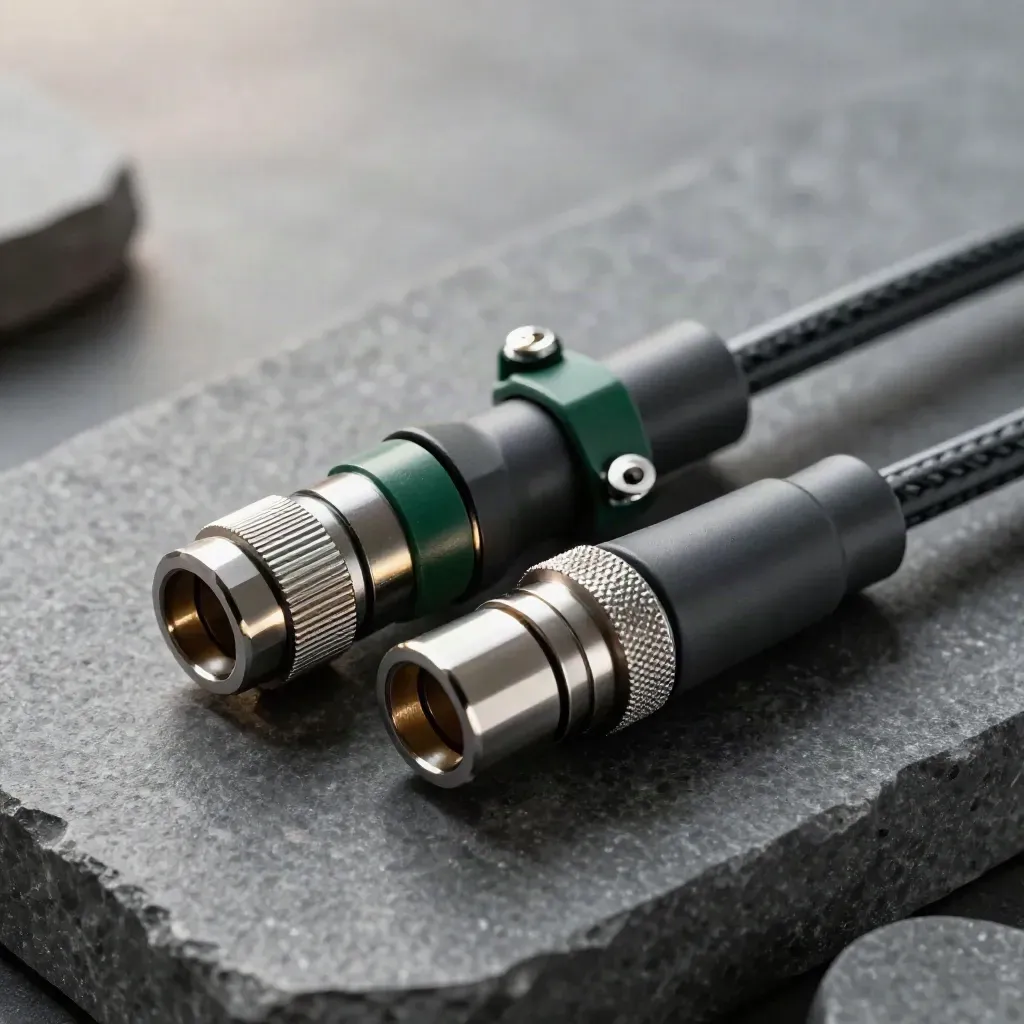 Precision cable connectors and coupling hub on matte stone with charcoal bokeh