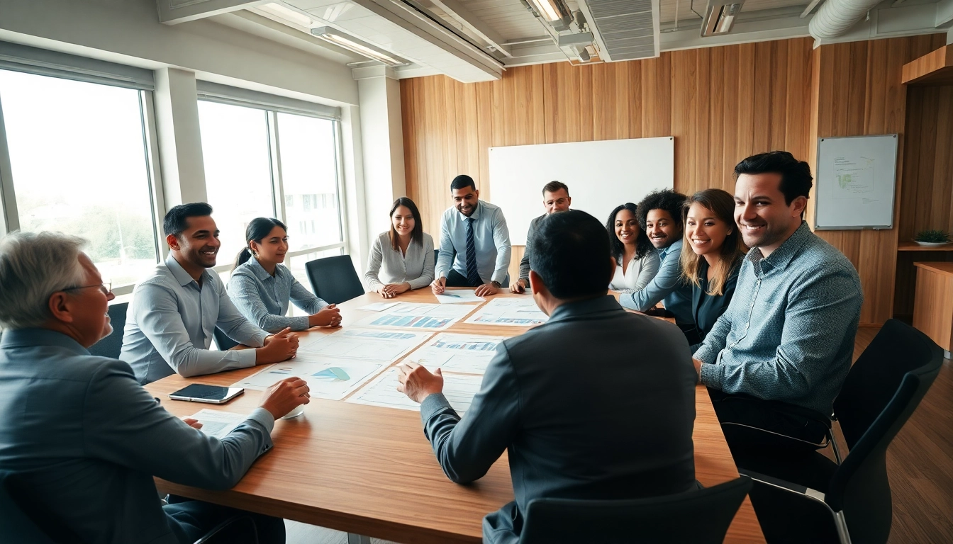 Professionals collaborating on contracts and grants during a meeting in a bright office.