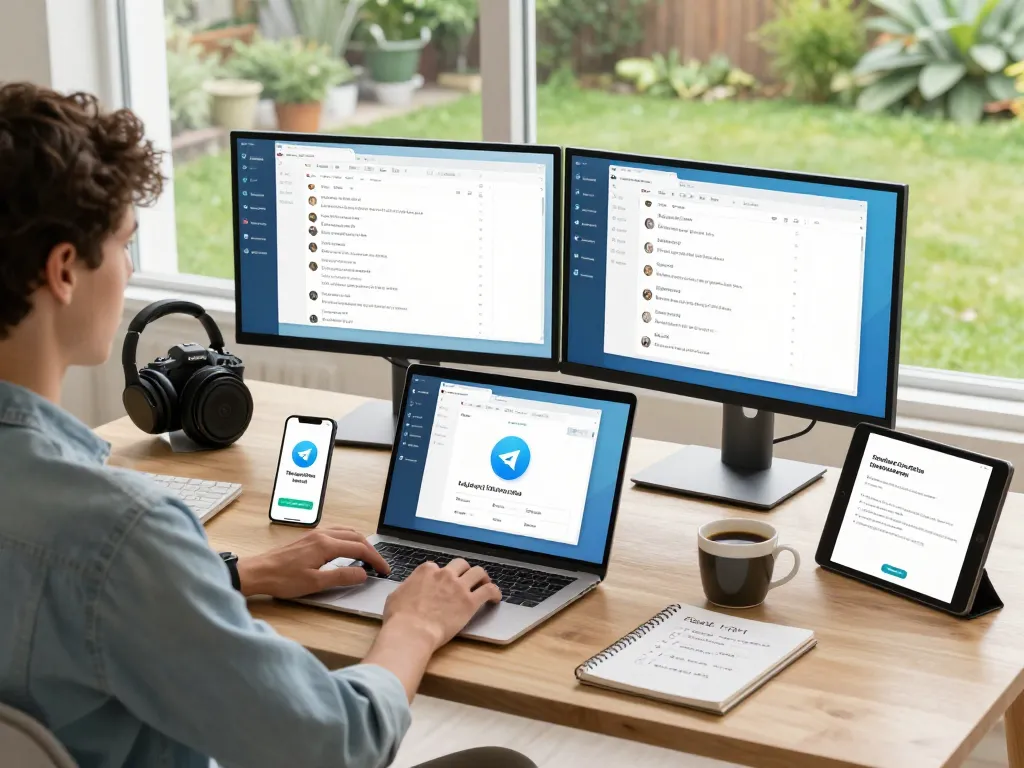 Experience seamless communication with Telegram 电脑版 in a modern home office setup featuring multiple devices and tools.