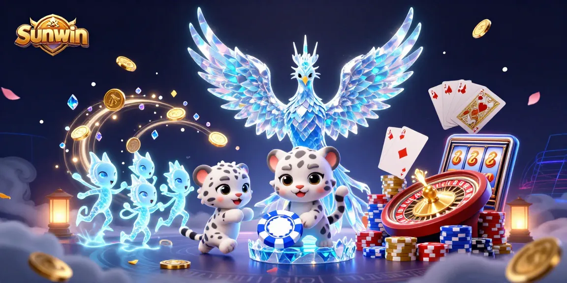 Sunwin enhances excitement by showcasing an ice phoenix amidst casino games and golden winnings.