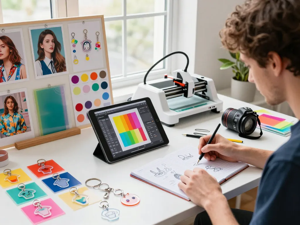 Custom clear acrylic keychain manufacturing with vibrant workspace, showcasing designer and colorful samples.