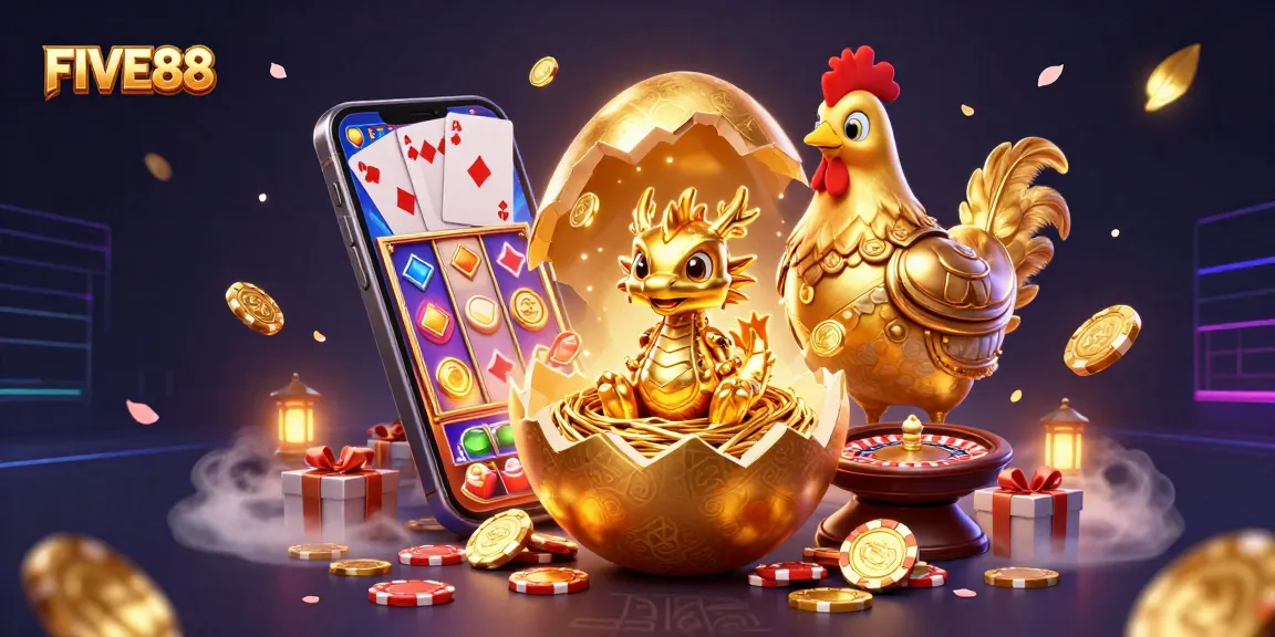 Experience thrilling gaming with FIVE88's vibrant casino scene, showcasing a golden dragon and poker chips.