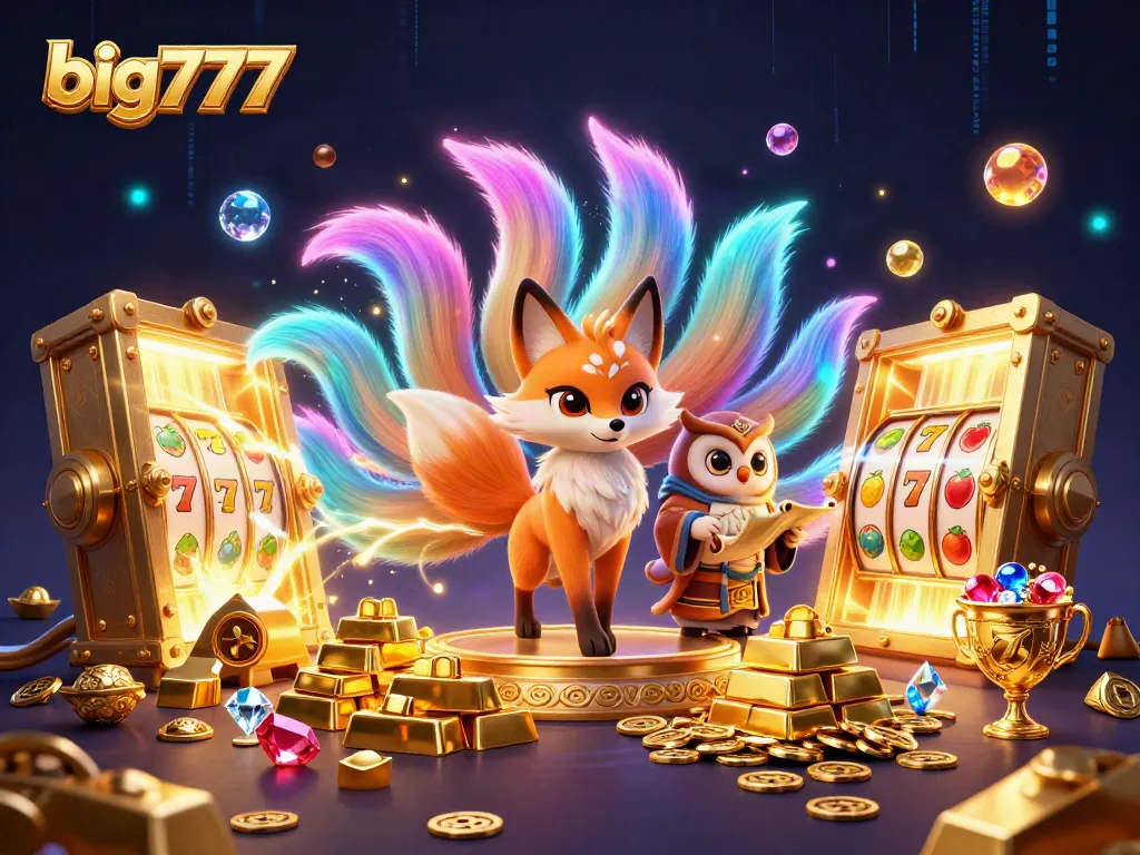big777 jackpot action: a vibrant illustration with a nine-tailed fox and treasures in a dynamic casino scene