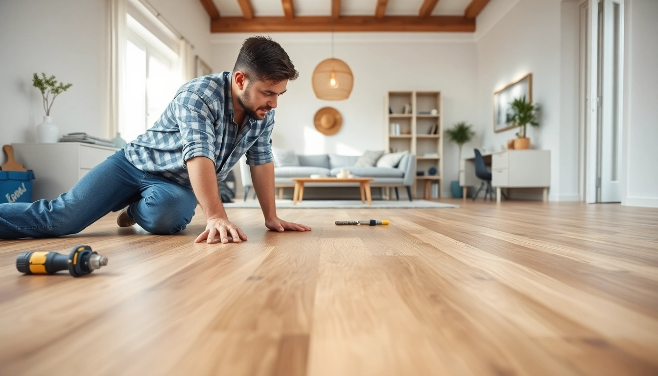 Installing cheap vinyl flooring in a stylish room, showcasing texture and detail.
