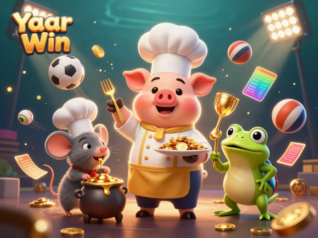 Engage in thrilling gameplay with Yaar Win, featuring a dynamic 3D scene of a chef pig, mouse, and frog amidst gold coins and sports elements.