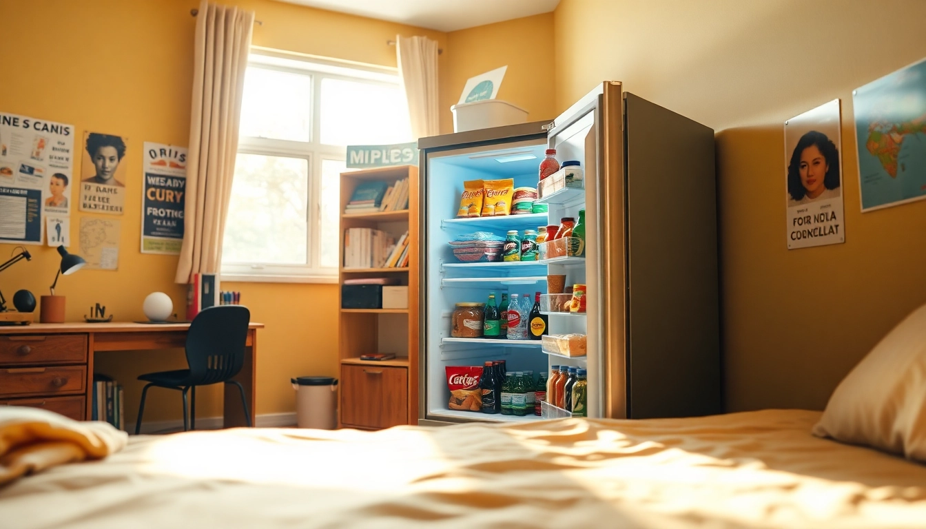 Student-friendly dorm room fridge stocked with snacks and drinks in a vibrant college environment.