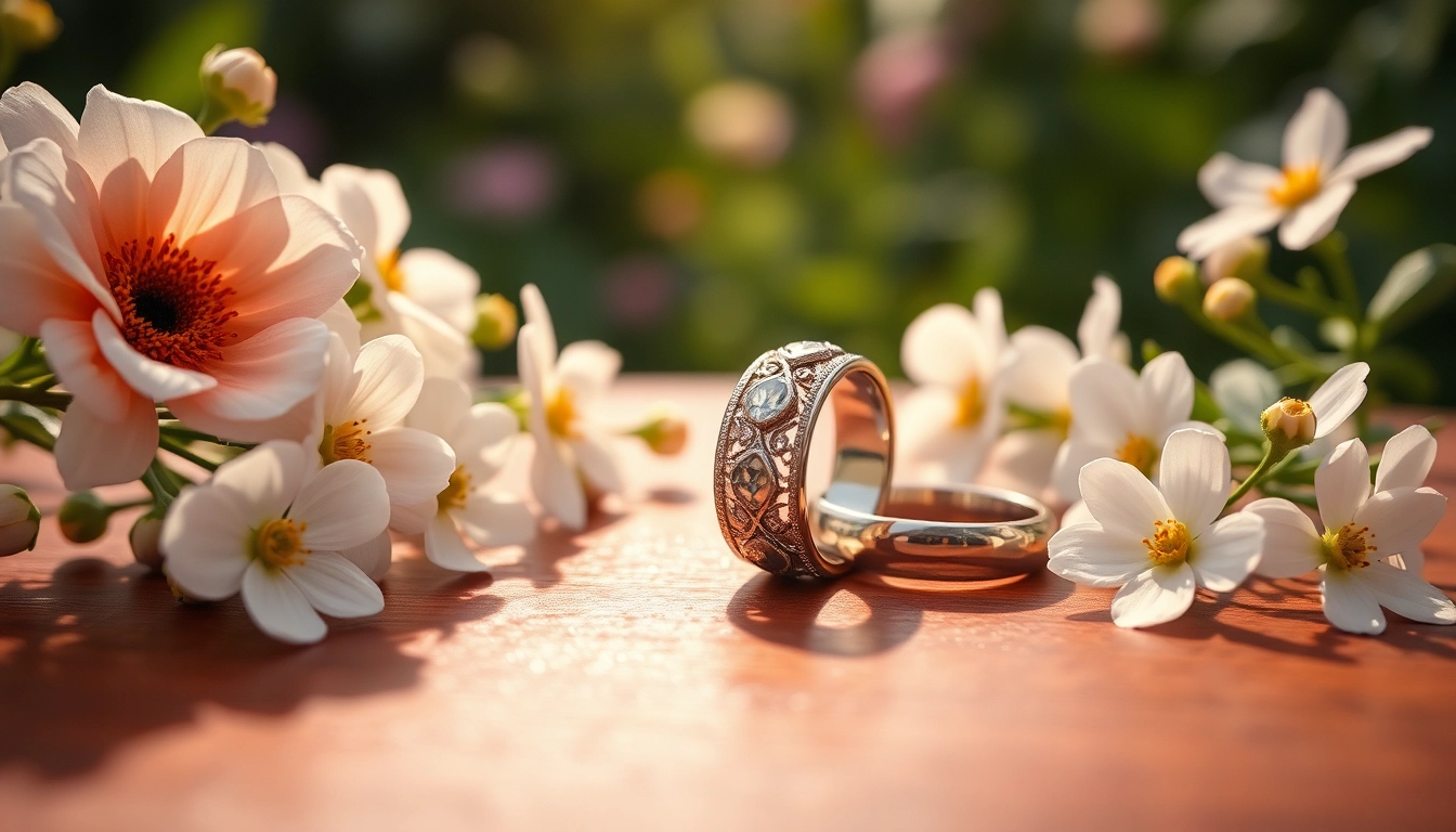 Showcase of exquisite wedding rings with detailed designs, set amidst delicate flowers.