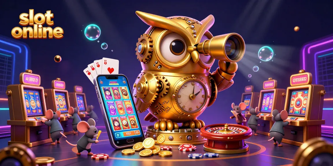 Engage with the slot online experience featuring a golden owl and bustling casino scene.