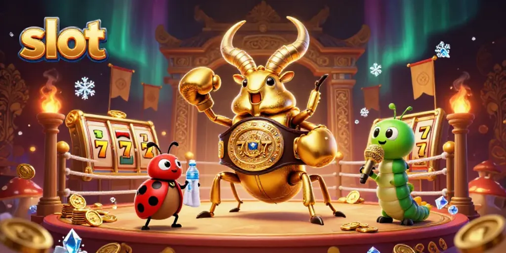 Engage with the thrilling slot champions as a giant beetle battles on a casino stage.