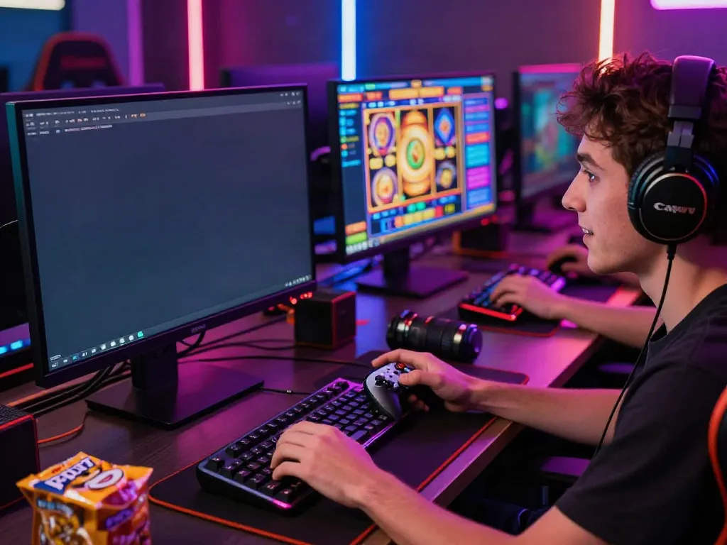 Gamer fokus saat memainkan permainan slot777 dengan atmosfer yang menyenangkan.