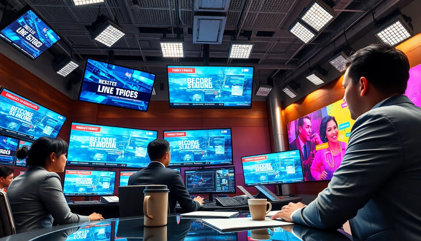 Catch breaking news updates in a dynamic newsroom filled with reporters and screens.