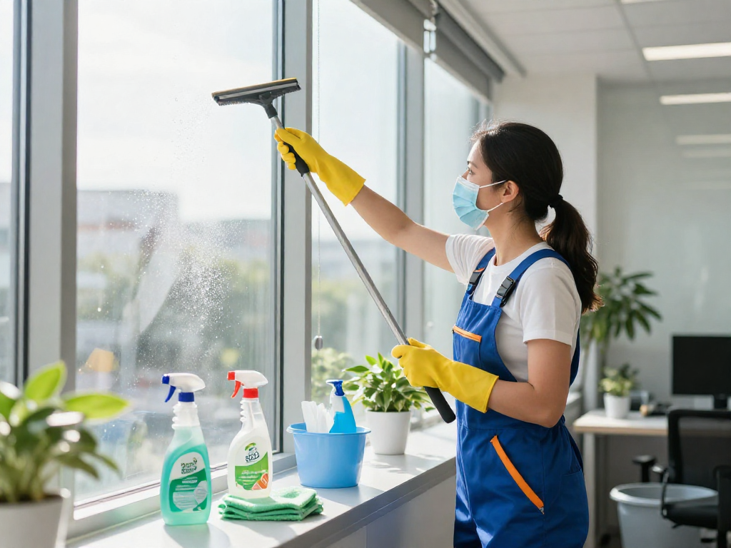 Professionelles Reinigungsunternehmen Dortmund bei der Fensterreinigung in einem modernen Büro.