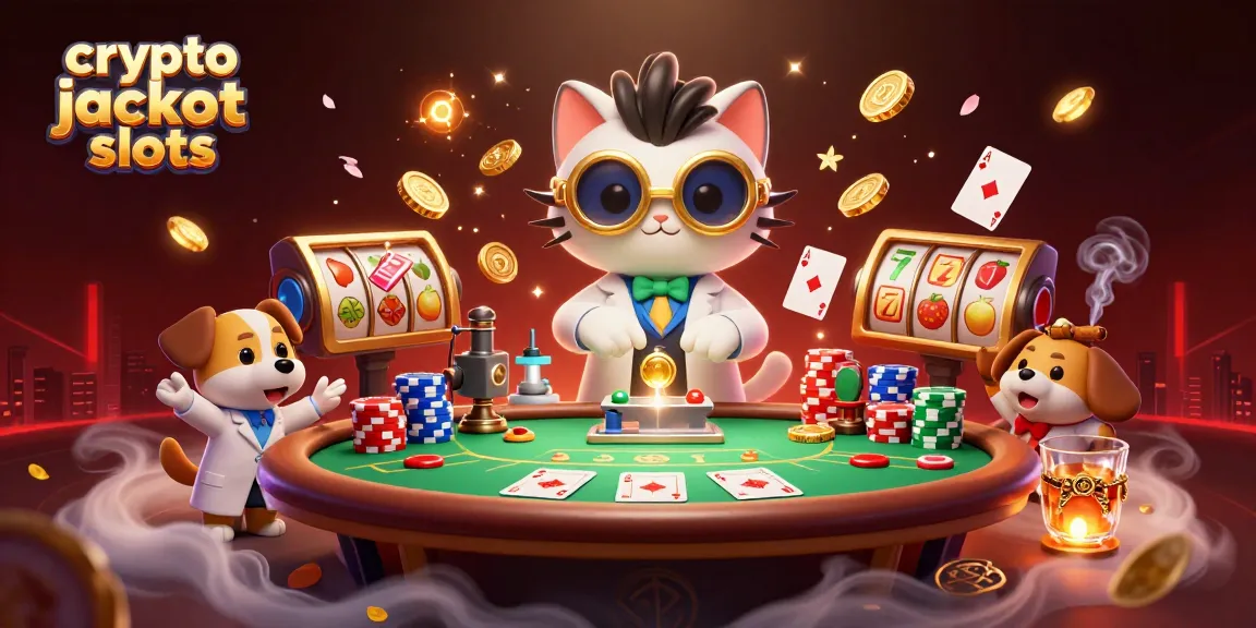 Experience engaging crypto jackpot slots with a dynamic scene of playful characters and exciting game elements.