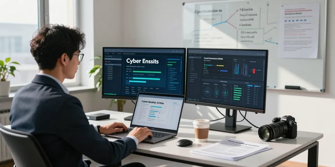 Cyber Essentials vs ISO 27001 analysis in a professional cybersecurity workspace showing certification metrics and strategic plans.
