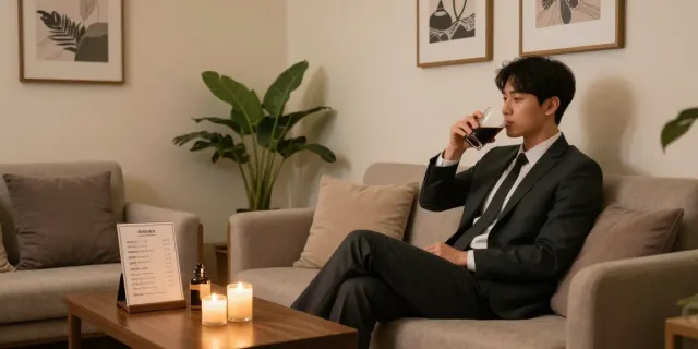 충주op에서 편안한 분위기의 프라이빗 룸에서 휴식을 취하는 남성을 보여주는 이미지.