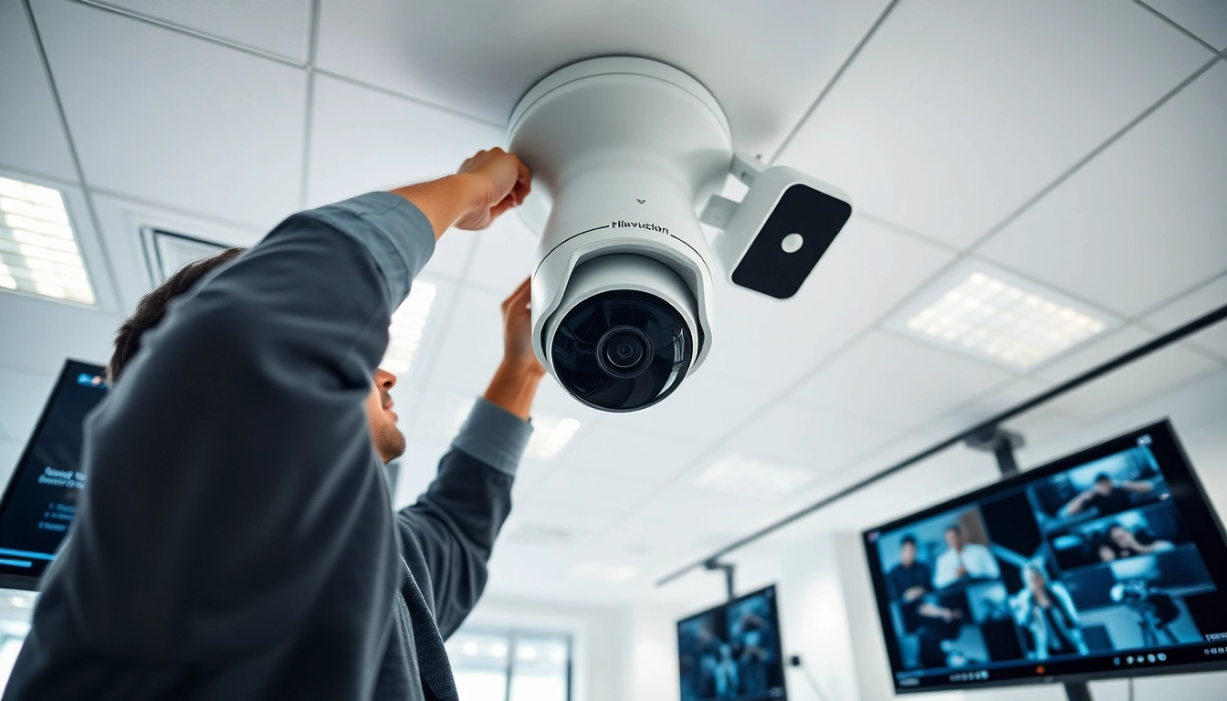 Técnico profesional instalando Cámaras Hikvision en una oficina moderna.