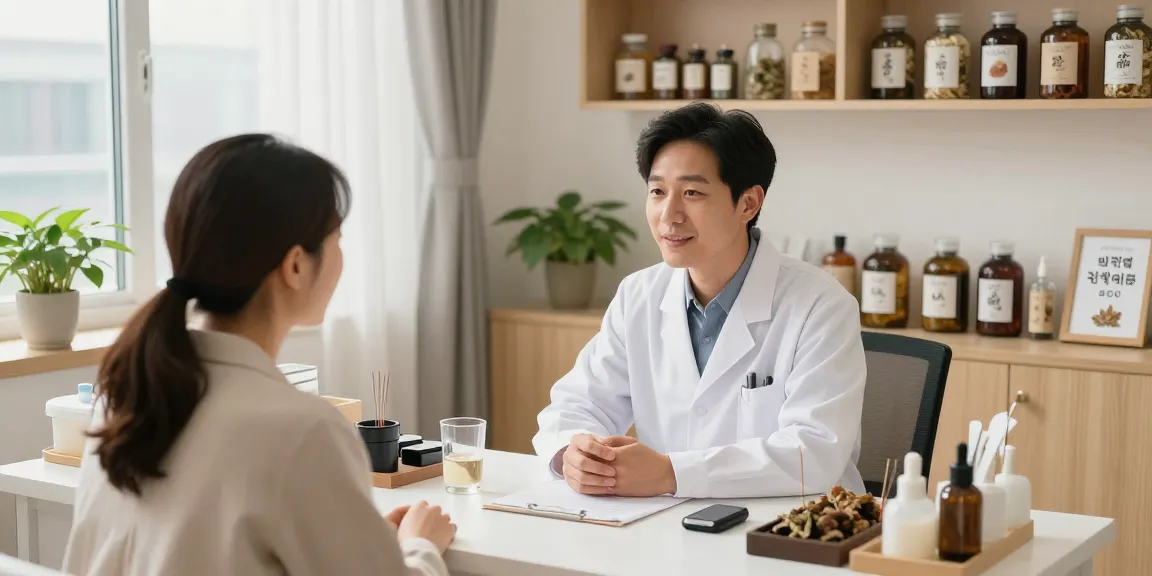 Consultation at 수원한의원 showcasing a modern health clinic atmosphere with herbal remedies.