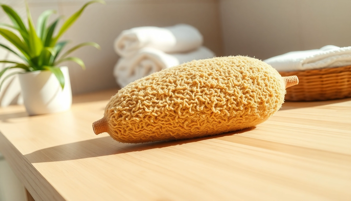 Demonstrating how to use raw loofah in a relaxing spa setting with soft lighting and natural elements.