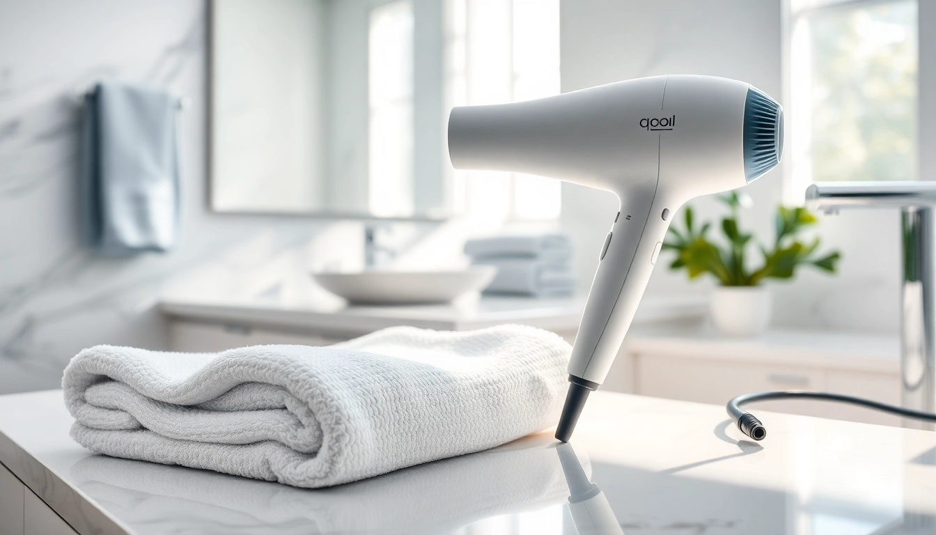 A stylish ionic hair dryer elegantly displayed on a countertop with luxurious towels.