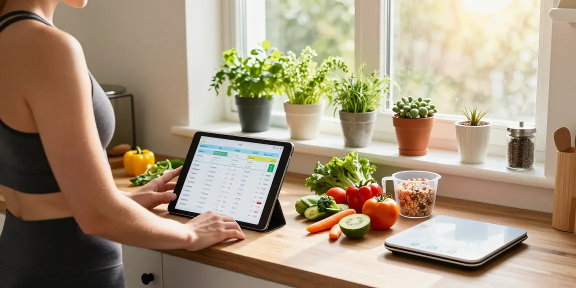 Health-conscious individual using the best calorie tracker in a bright kitchen while preparing nutritious meals.