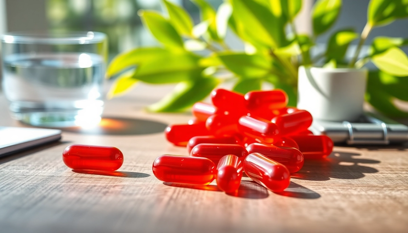 Showcasing natural astaxanthin softgels with vibrant colors on a wooden table for health benefits.