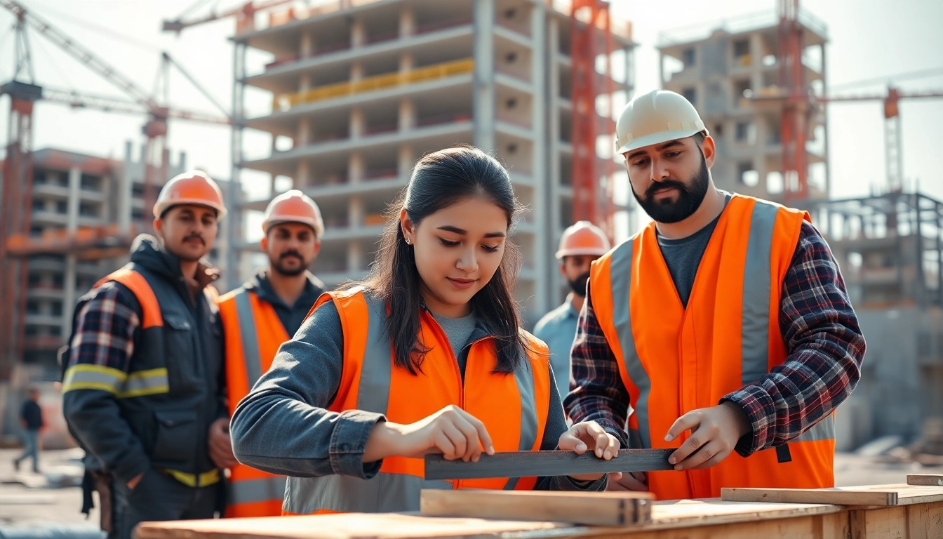Engaged apprentices in a construction apprenticeship measuring materials on-site.