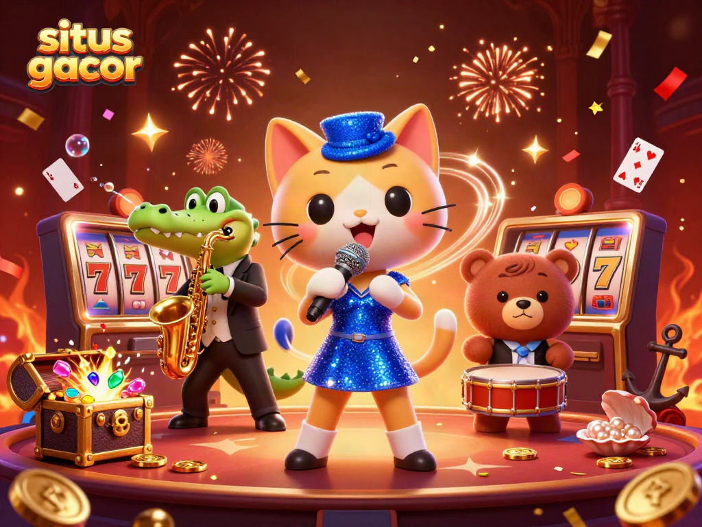 Experience situs gacor with a lively 3D jazz-themed casino scene featuring vibrant characters and game elements.