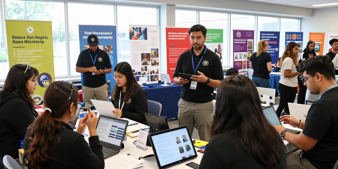 Engaged candidates exploring apprenticeship opportunities at a vibrant career fair in 2026.