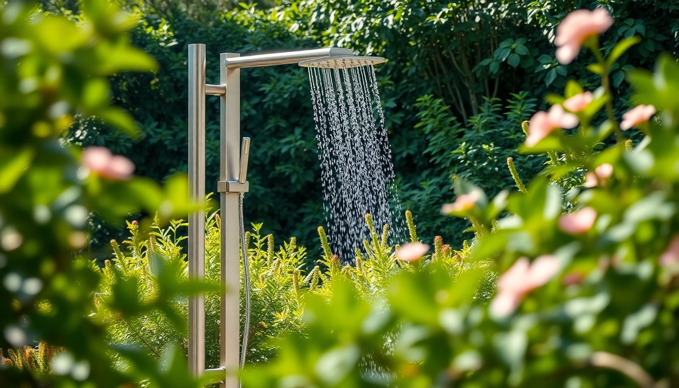 Enhance your outdoor space with sunny shower usa inc's modern shower setups in a lush garden.