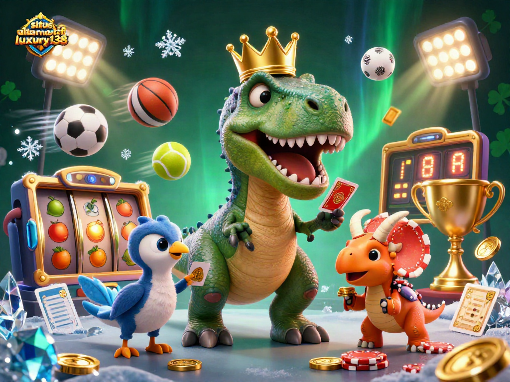 Menghadirkan situs alternatif luxury138 dalam ilustrasi kartun 3D yang berisi T-Rex, pterodactyl, dan triceratops menikmati permainan chip dan kartu.
