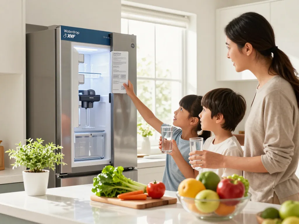 Family exploring the Waterdrop XWF Replacement for GE® XWF Refrigerator water filter, emphasizing clean and safe drinking water.