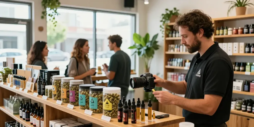 Alien labs dispensary with budtender assisting customers in a stylish setting.