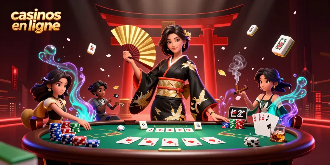 Découvrez les casinos en ligne avec une illustration 3D époustouflante d'une femme asiatique élégante dans une scène de jeu dynamique.
