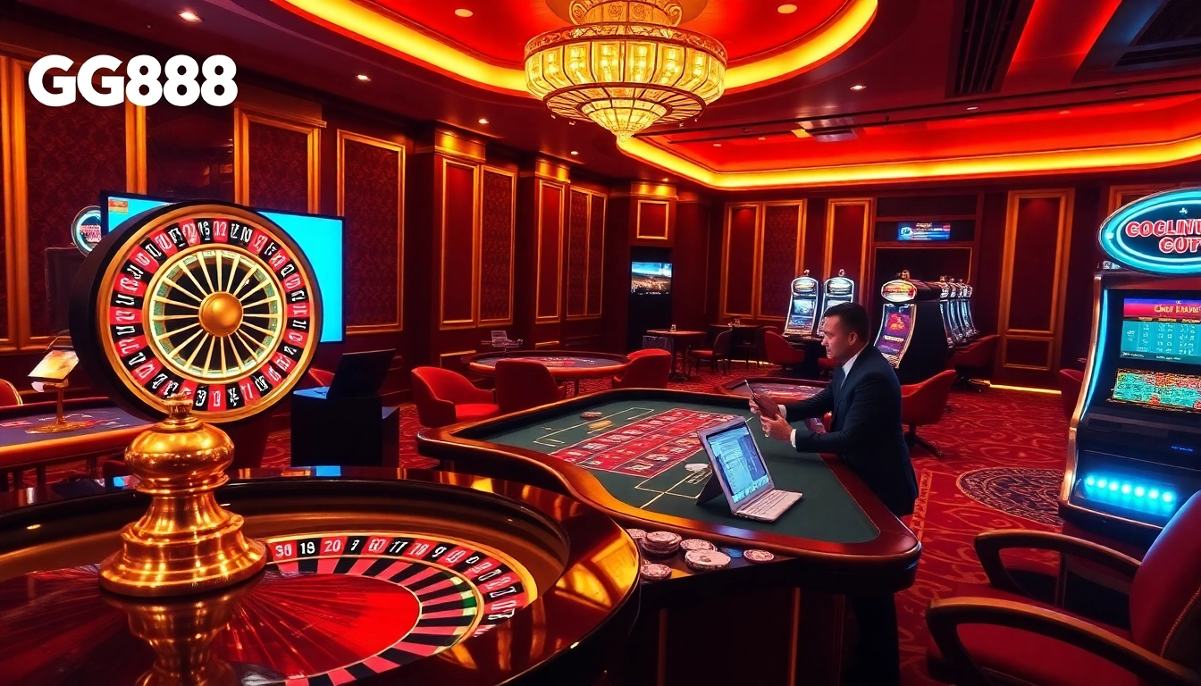 Experience exhilarating gaming at http://gg88.gold/, featuring vibrant poker tables and a luxurious roulette wheel.