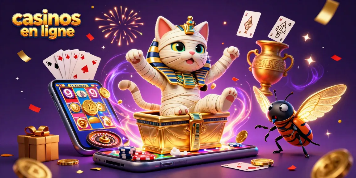Plongez dans l'univers des casinos en ligne avec ce visuel captivant de notre chat momie égyptienne et son scarabée.