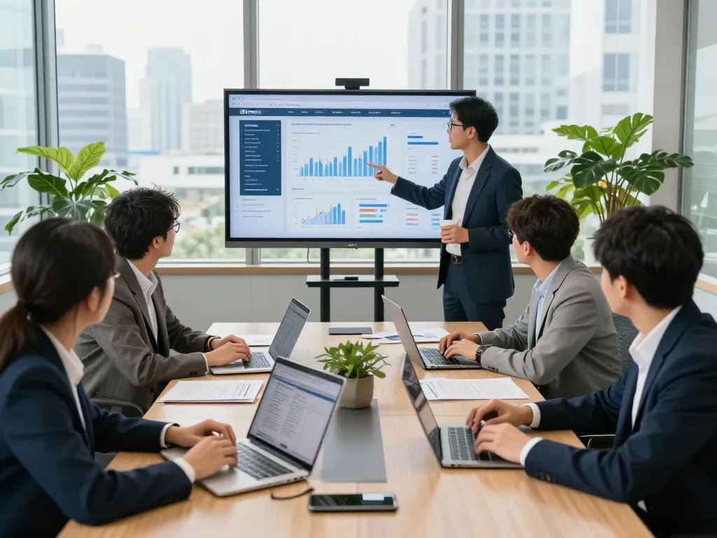 Team of professionals collaborating in a conference room while helping clients browse around this site for financial solutions.