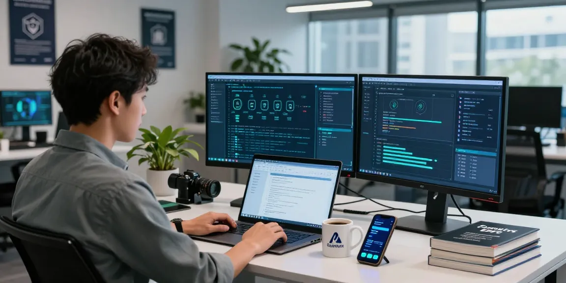 IT professional analyzing security protocols on shs-dome5.com in a modern digital workspace.