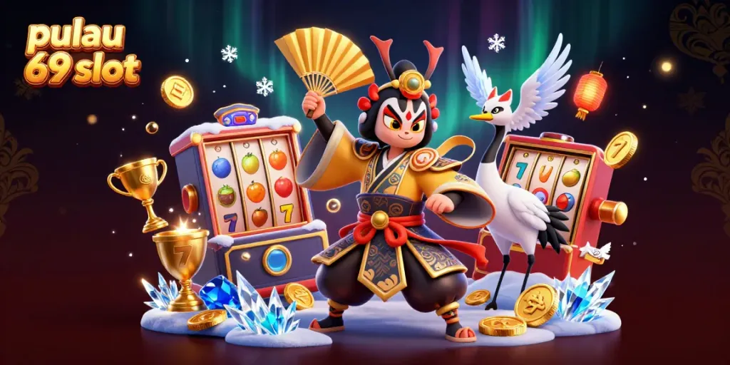 Engage with pulau 69 slot in a vibrant 3D casino scene showcasing dynamic characters and game elements.