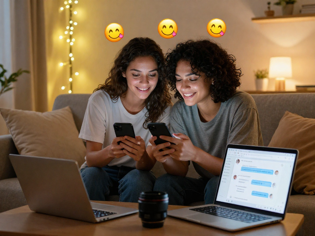Couple using sexting AI for intimate texting connection on smartphones.