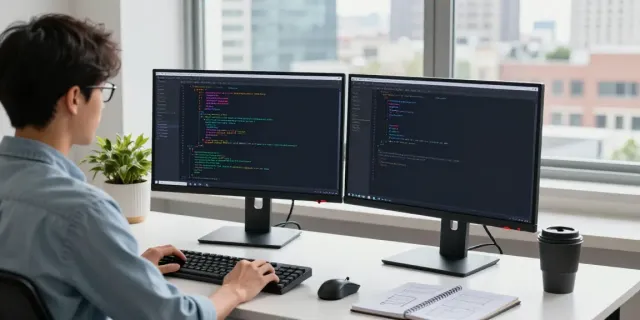 Developer coding in Notepad++ at a modern desk with city view and plants - https://notepad-app.co/