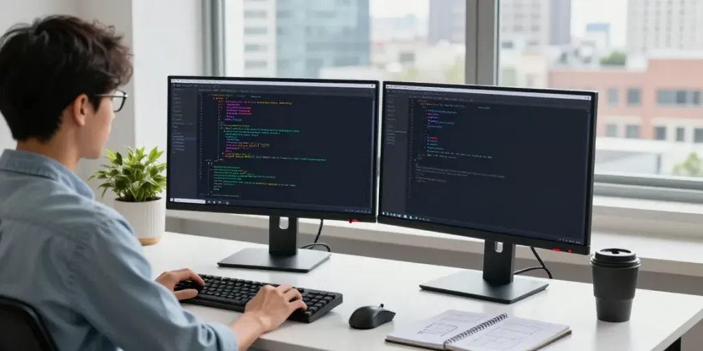 Developer coding in Notepad++ at a modern desk with city view and plants - https://notepad-app.co/