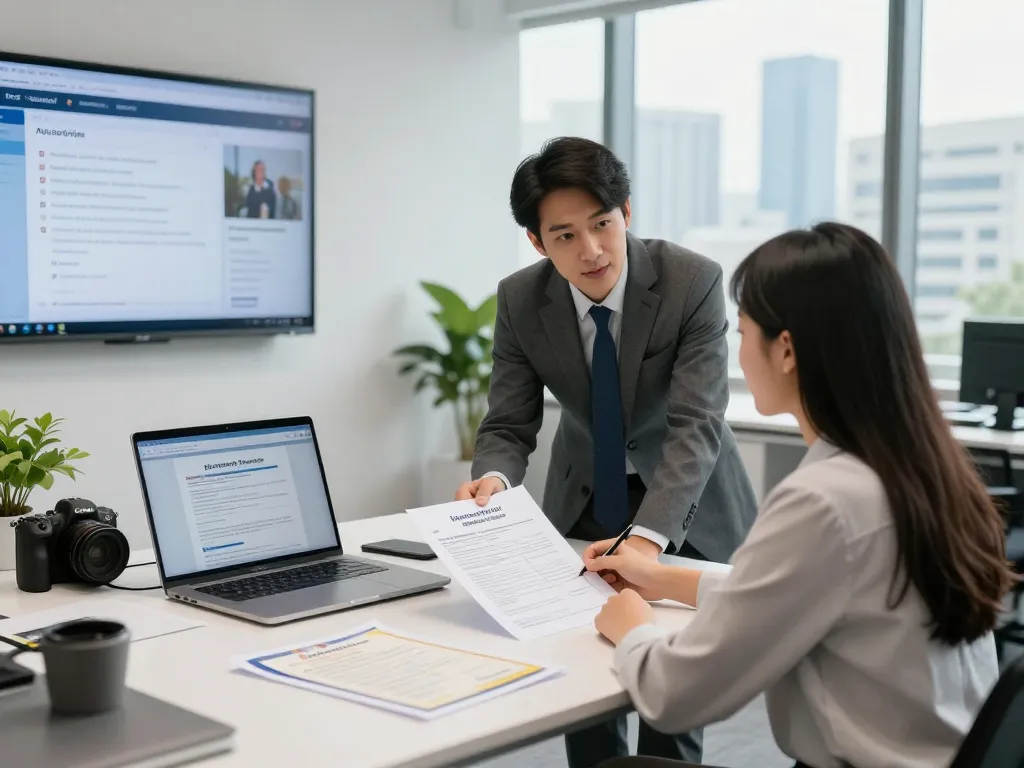 Consultant explaining Transcript & Attestation Rules to student in modern office.