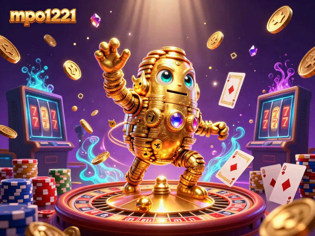 Experience the vibrant world of mpo1221 with golden coins cascading and thrilling slot machines.