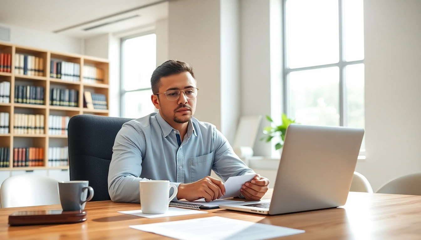 Engaging scene of a consultant focused on registration and certification in Federal databases in a modern office.