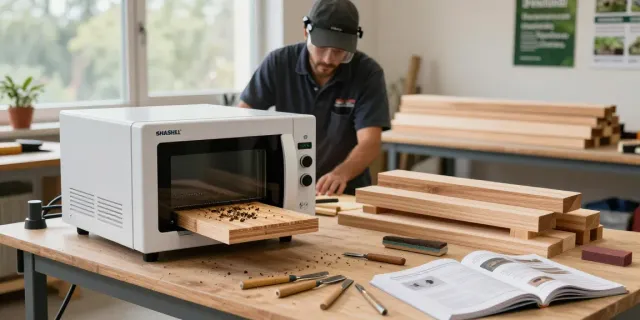 SHASHEL® microwave wood treatment equipment in a professional workshop setting for eco-friendly pest control.