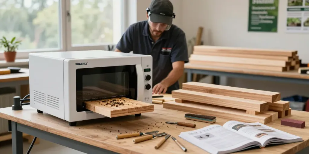 SHASHEL® microwave wood treatment equipment in a professional workshop setting for eco-friendly pest control.