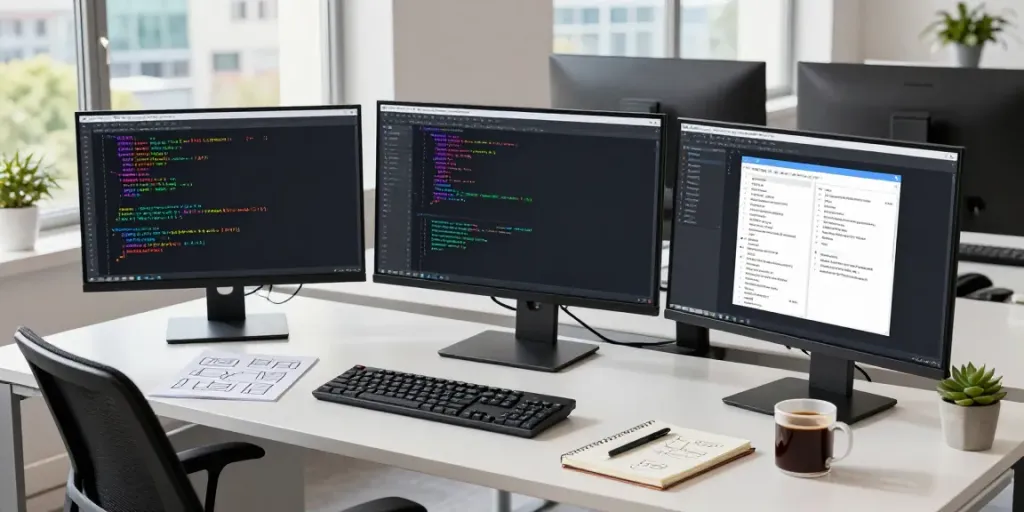 Programmer using Notepad++ in a modern development office with multiple screens and coding tools.