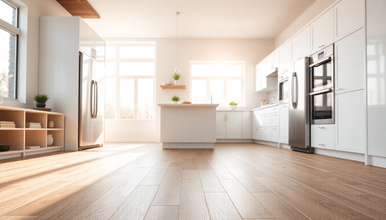 Install flexible vinyl plank flooring in a modern kitchen showcasing warm wood tones and inviting atmosphere.